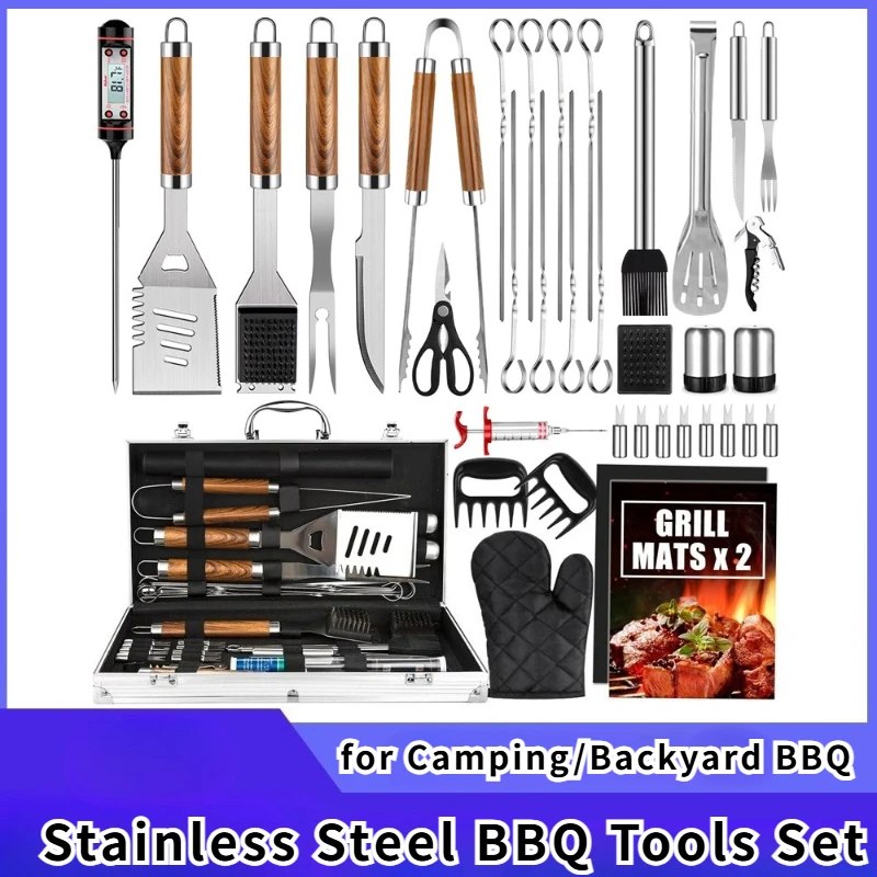 

Stainless Steel BBQ Tools Set, Aluminum Shell Thermometer BBQ Mat for Men and Women, for Camping/Backyard BBQ