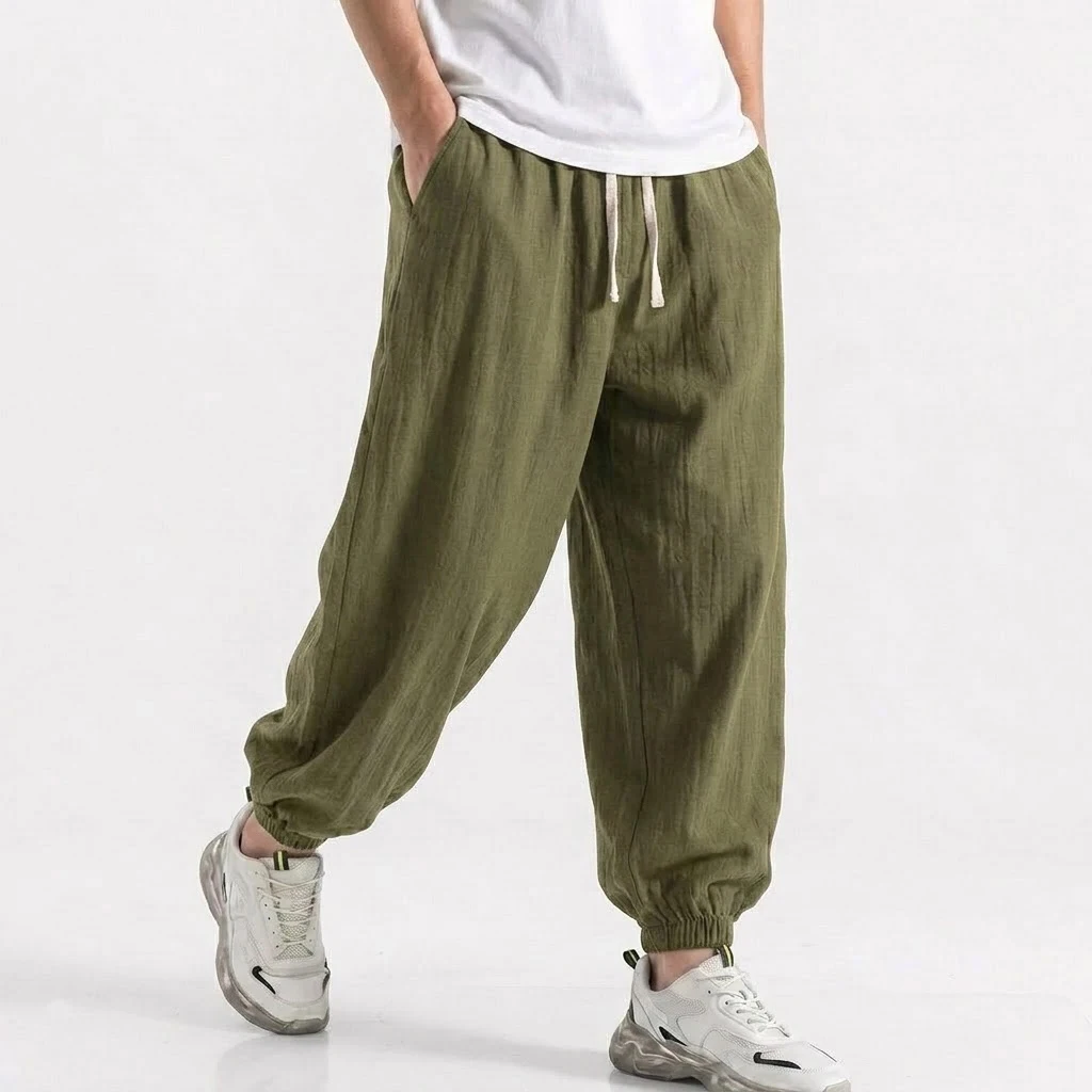 Mens Cotton Linen Harem Trousers Spring Summer Drawstring Loose Baggy Bottoms Casual Streetwear Pants for Gym Daily Work