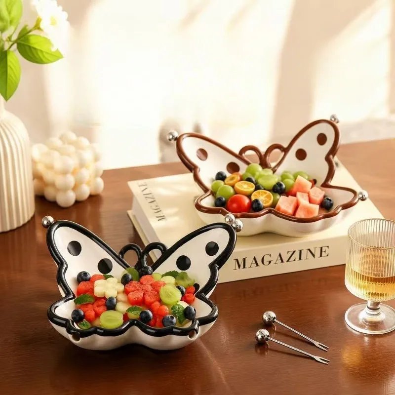 High-grade Butterfly Fruit Plate with Fruit Fork Household Living Room Light Luxury High-end Plates Stainless Steel Fork Sets