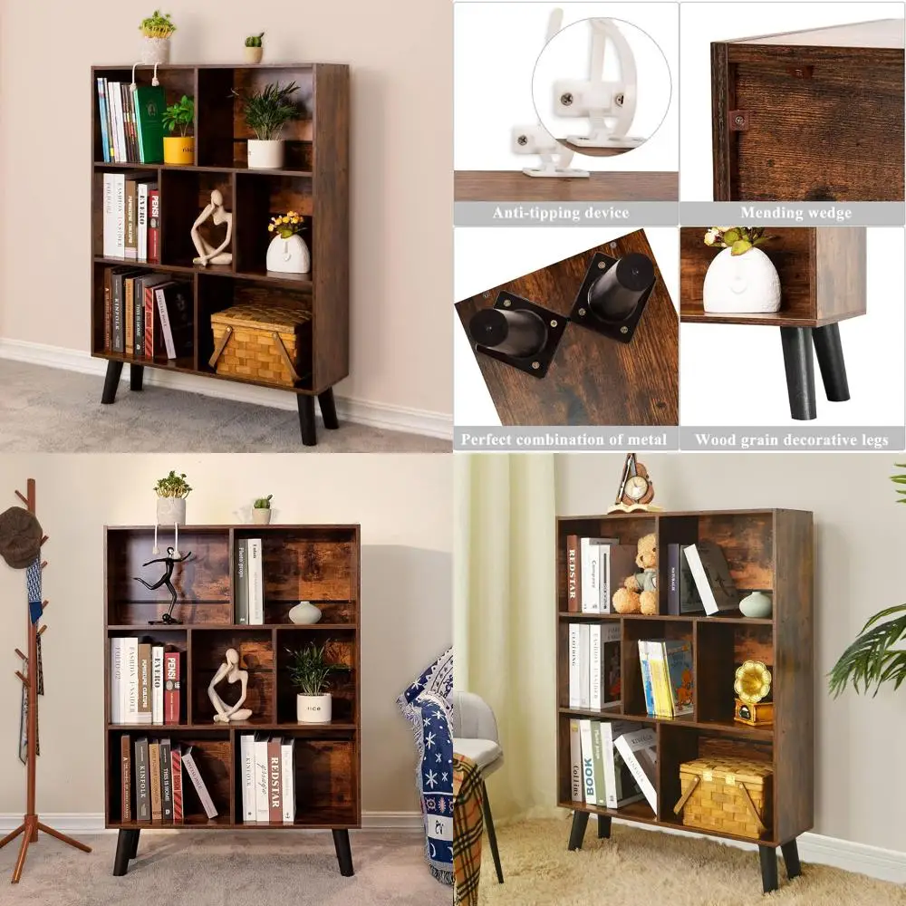 

Mid-Century 3-Tier Rustic Brown Bookshelf, Modern Retro Wooden Storage Organizer with Legs, Freestanding Open Shelves for Home &