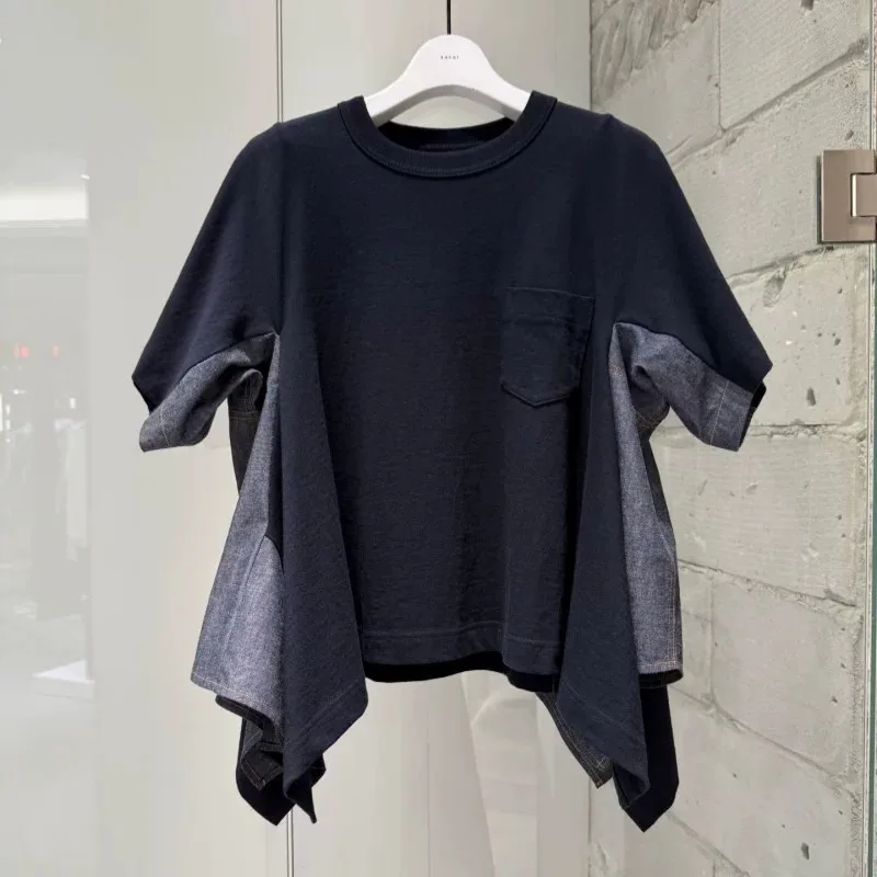 2026 Summer Japanese Fashion Women Crew Neck T Shirts Denim Patchwork Short Sleeve Tops Irregular Hem Casual Daily Tees