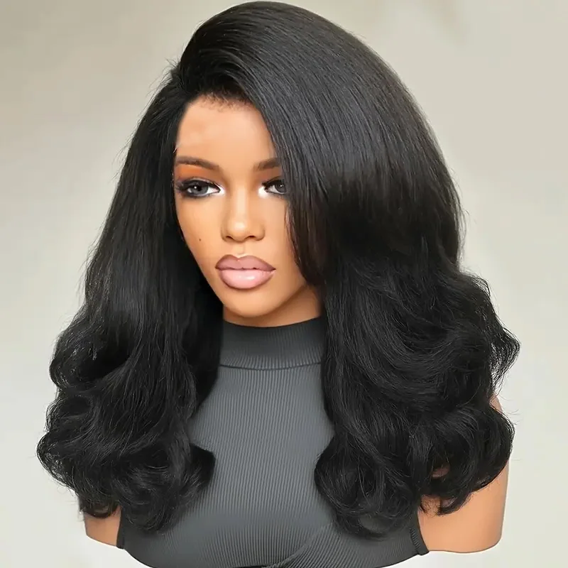 Peruka syntetyczna Yaki Soft Long 26 cali, kręcone fale, naturalny czarny, 13x4 Lace Front, dla czarnoskórych kobiet, wstępnie wyregulowana linia włosów, bezklejowa, z baby hair, do noszenia na co dzień.