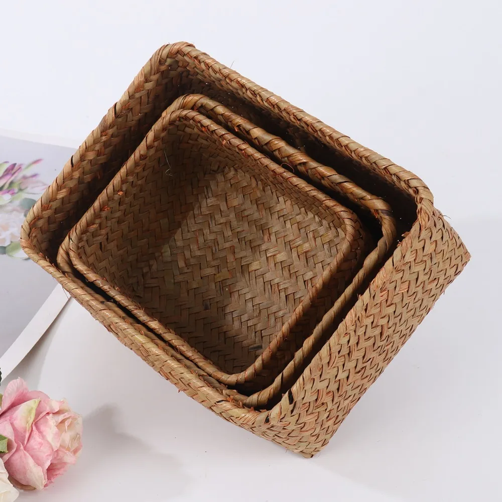 Handmade Woven Seagrass Storage Basket Straw Rattan Basket Picnic Basket Fruit Storage Box Cosmetic Storage Container Home Decor