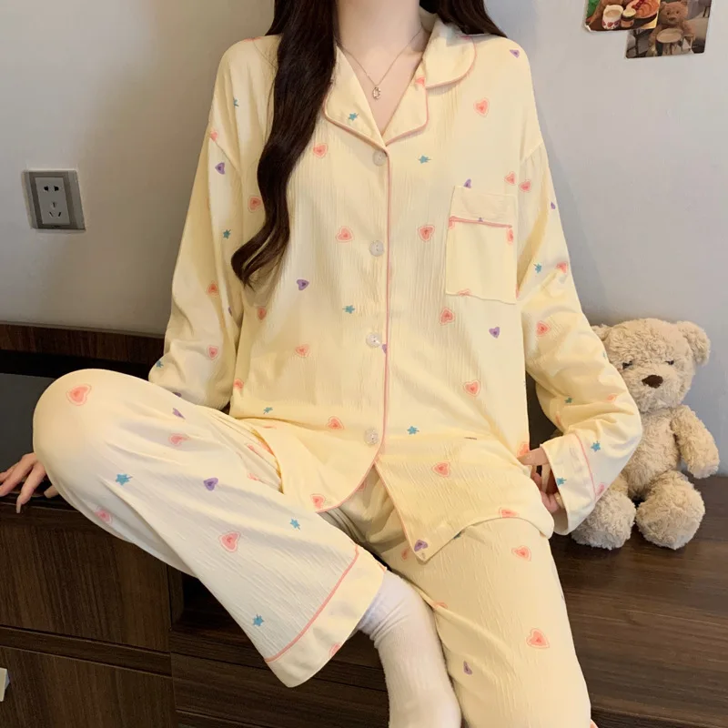 2/pce Set Women Spring Wrinkled Fabric Pajama Girl Sweet Striped Long Sleeve Korean Style Pajama Lady Casual Homewear Loungewear