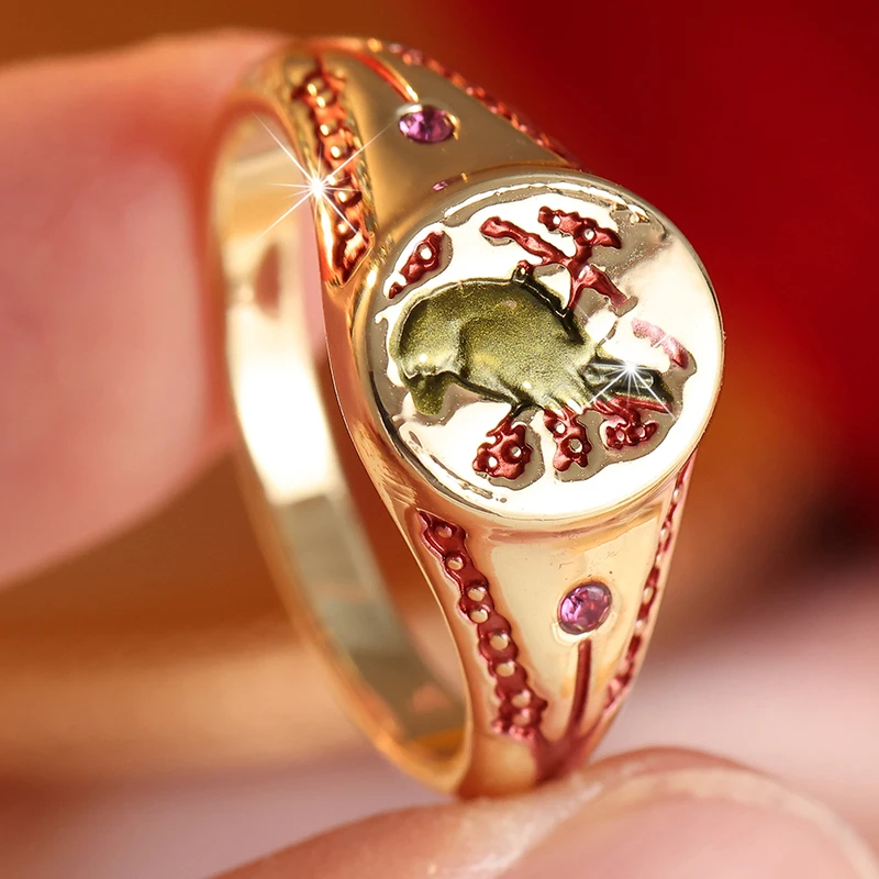 Vintage Inlaid Red CZ Bird Women's Ring Trendy Golden Color Hand Carving Daily Wear Party Jewelry Anniversary Gift