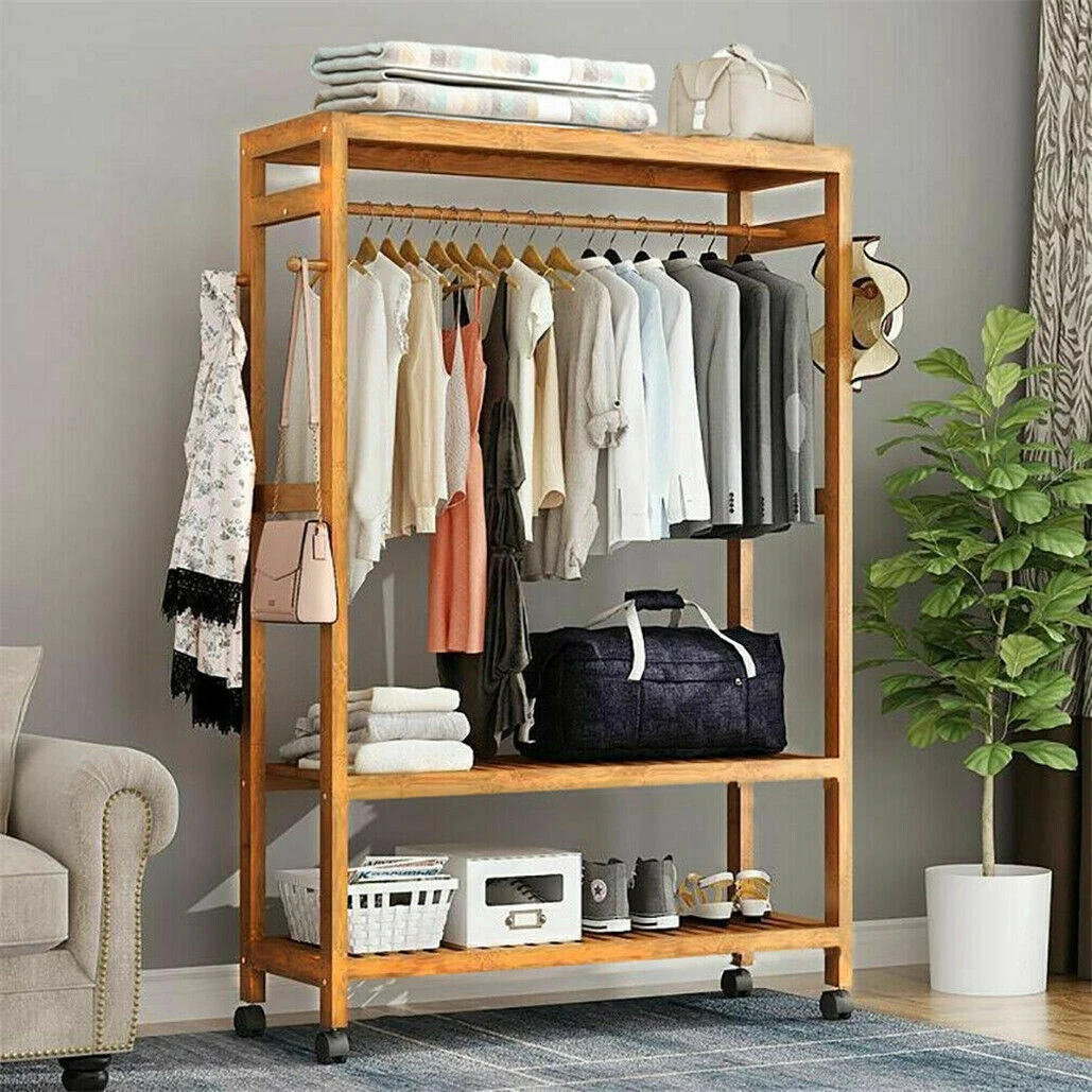 Clothing Rack for Hanging Clothes with Hooks, Multi-functional Bedroom Clothes Rack Bamboo Garment