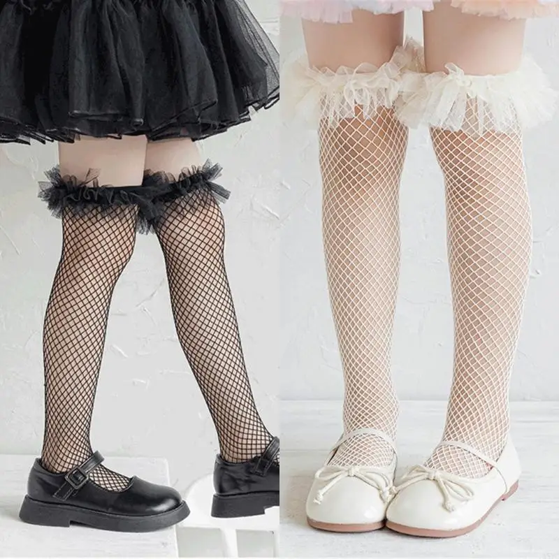 A5YC Stockings Dress Socks Girl Lace Trim Over the Knee Hollowed Stockings