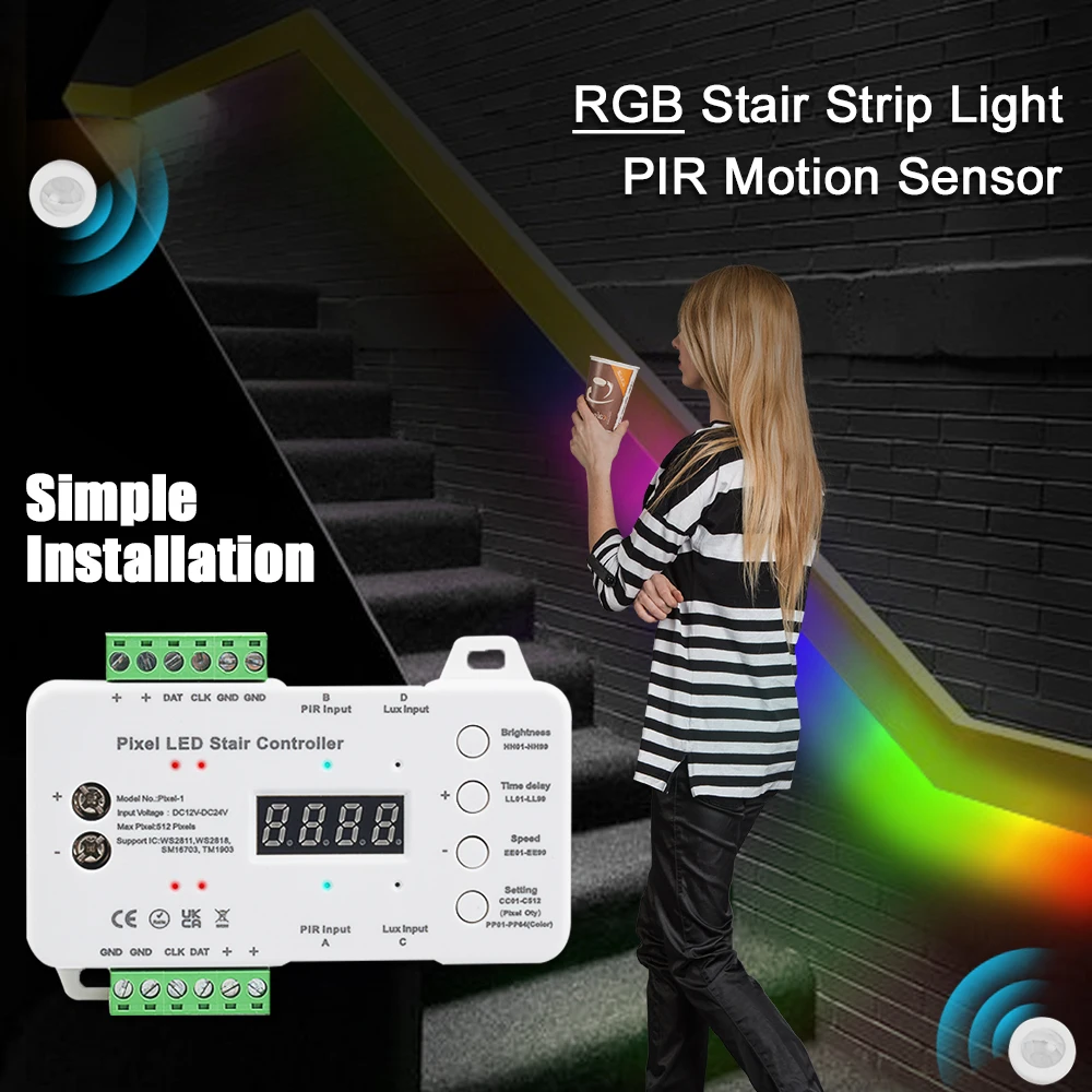 

Motion Sensor LED Controller with Daylight Sensor Addressable RGB Light Strip Stair PIR DC12V Streamline Follow the Footstep