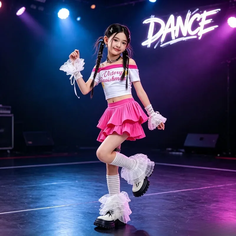 Kids Hip Hop Jazz Street Dance Clothes Set, Girls K-pop Pink Crop Tops Joggers Baggy Pants, Child Streetwear Girl Group Costume