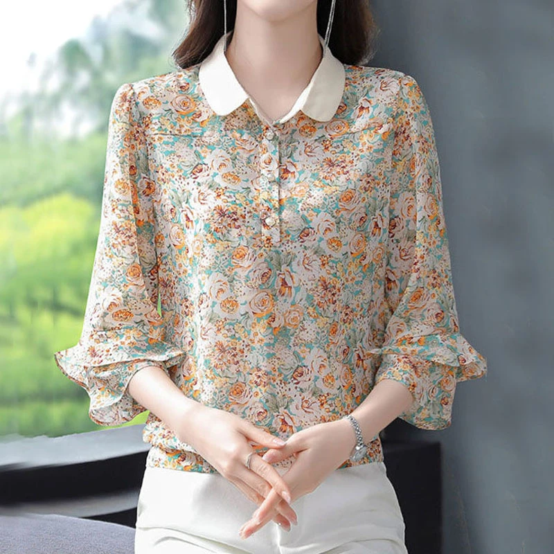 Elegante mode bloemenprint 3/4 mouwen chiffon blouses zomer dameskleding ruches koreaanse knoop dames shirts losse tops