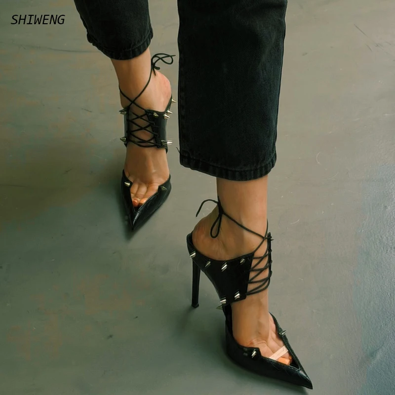Women Punk Rivet Studded Pointed Toe High Heels Summer  Lace Up Ankle Strap Stiletto Pumps Black Patent Leather Party Shoes 44