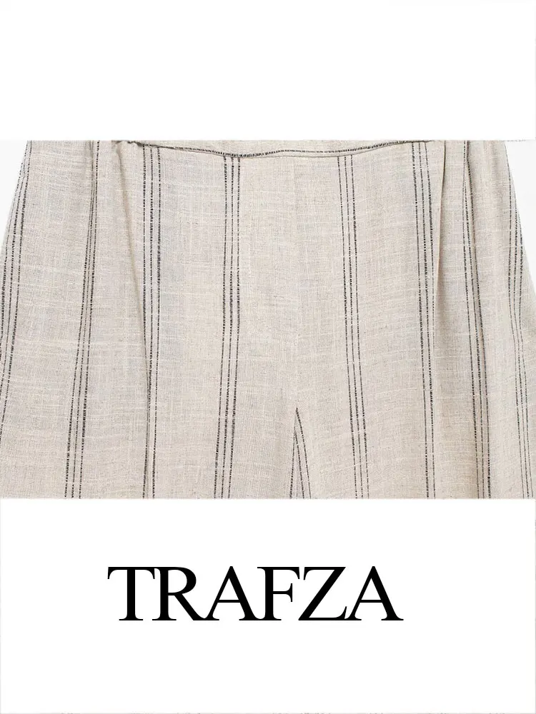 TRAFZA Women Fashion Striped Trousers Suits Linen Lapel Blazer Coat + Elastic Waist Pockets Commute Women\'s Wide Leg Long Pant