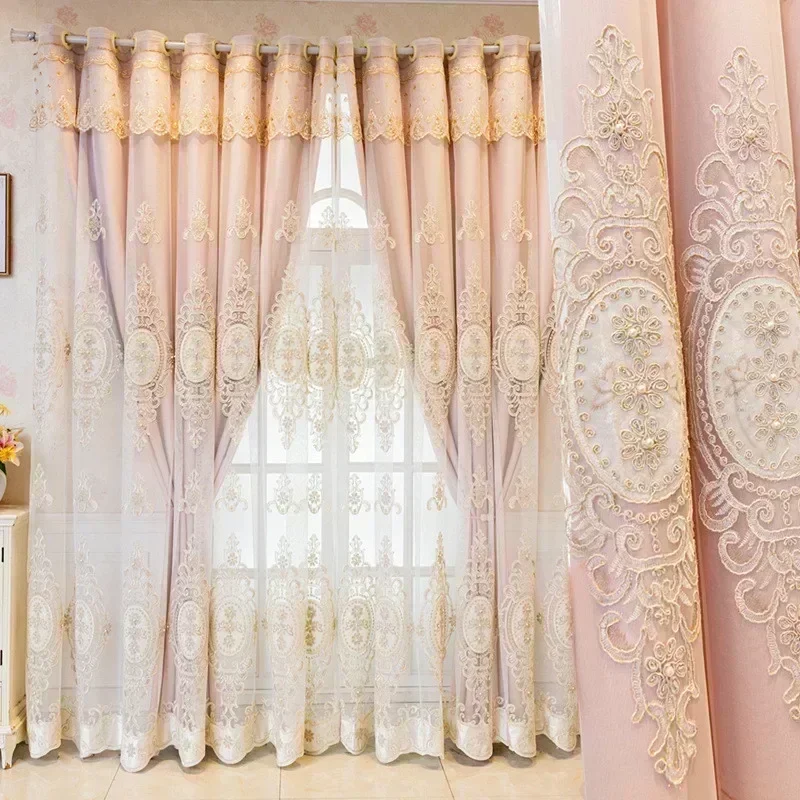 Luxury 3D Floral Embossed Curtains for Living Room Bedroom Decor Blackout Double Layer Sheer Pearl Embroidered Lace Tulle Custom