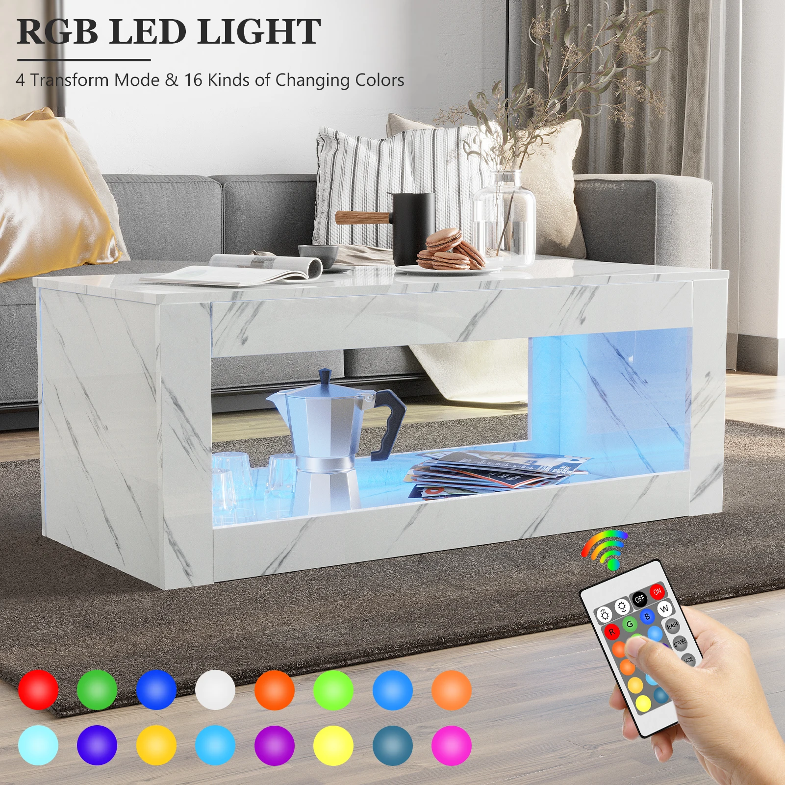 47in LED Coffee Table with Open Storage, Modern High Gloss Center End Table with 16 Colors LED Lights APP Control,Marbling Print