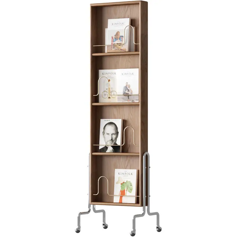 Magazine Rack Retro Movable Magazine Book Display Rack with Cork Plate Stainless Steel Pulley Creative