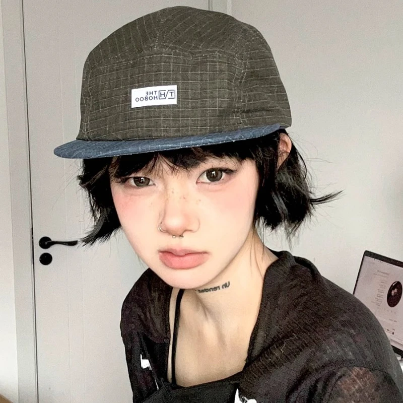 

Japanese Plaid Color Matching Flat-brimmed Hip-hop Hat Spring and Summer Outdoor Sunscreen Five-panel Adjustable Baseball Cap