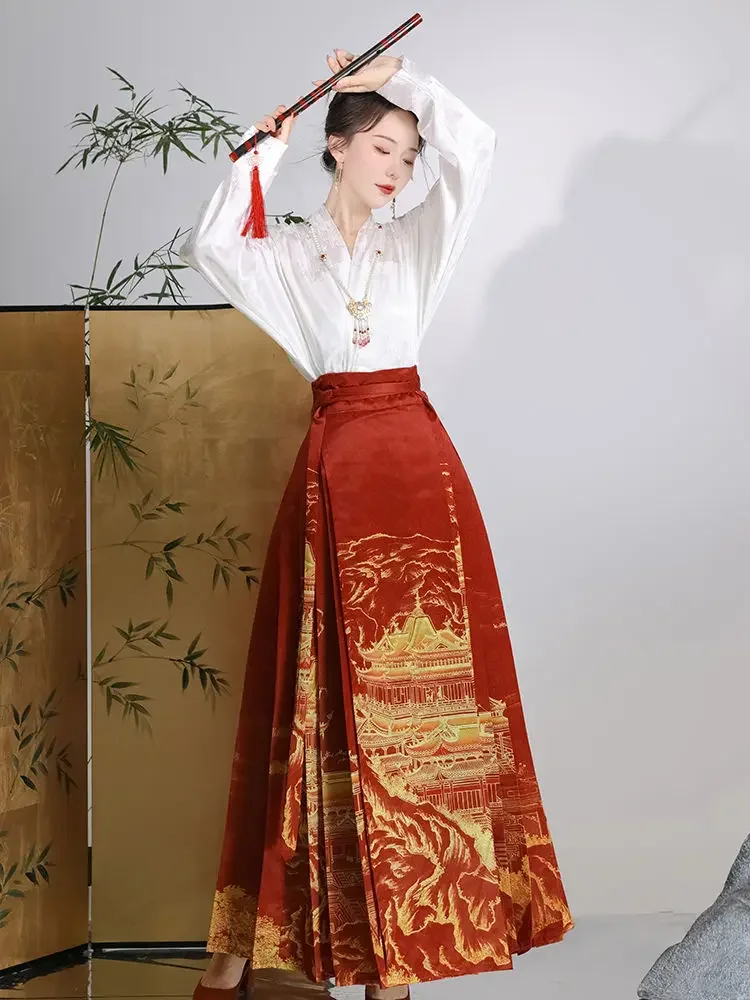 Chinese Architectural Print Ming Dynasty Improved One-piece Horse-faced Skirt Women High-waisted Chinese New Year Evening Skirt