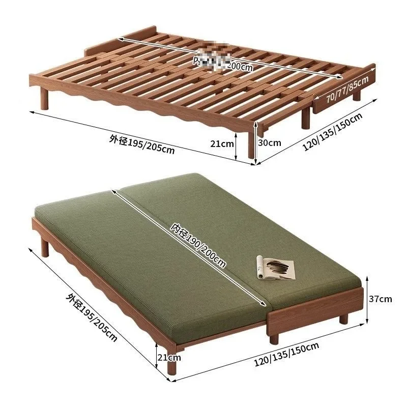 Ash wood sofa bed folding, dual-purpose small apartment living room single double corduroy all solid wood sofa bed