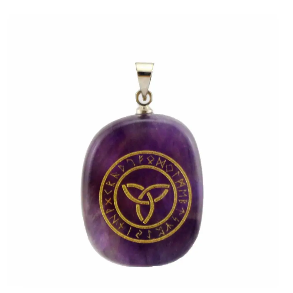 Natural Crystal Stone Charm Pendant Engrave Runes Triqueta Geometric Pattern Reiki Healing Necklace Religious Faith Jewelry