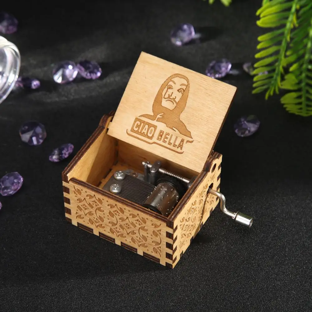 صندوق موسيقي خشبي منحوت يدويًا هدية عيد ميلاد للأطفال الصغار ديكور منزلي