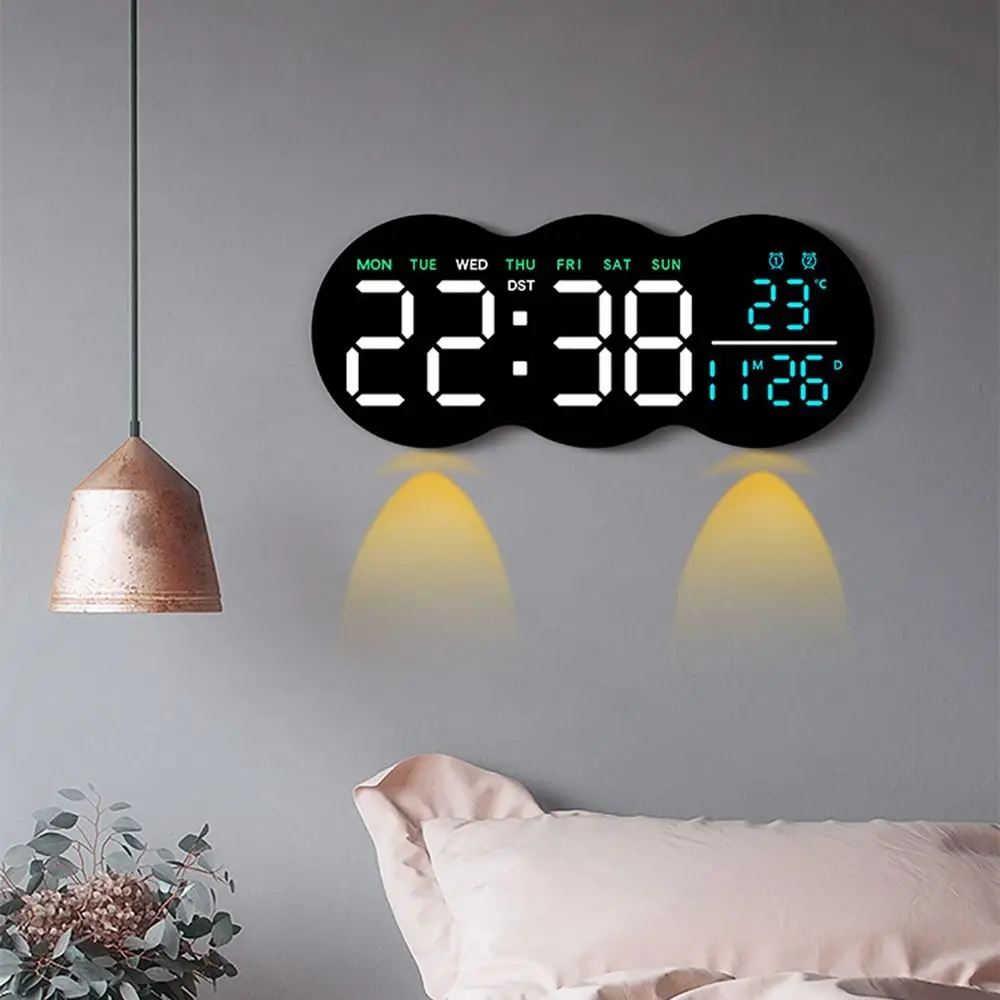Multi-functional Digital Wall Clock Remote Control with Ambient LED Light Wall-mounted Electronic Clock Date Week Display