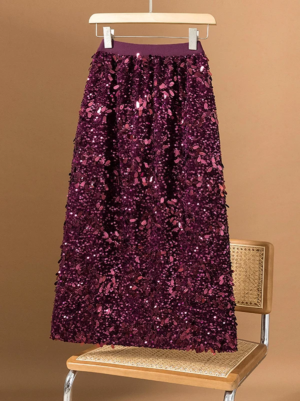 Shiny Sequin High Waist A-Line Long Skirt Women's Spring Autumn plus Size Beautiful Slimming Unique Korean Style Commute Soft...