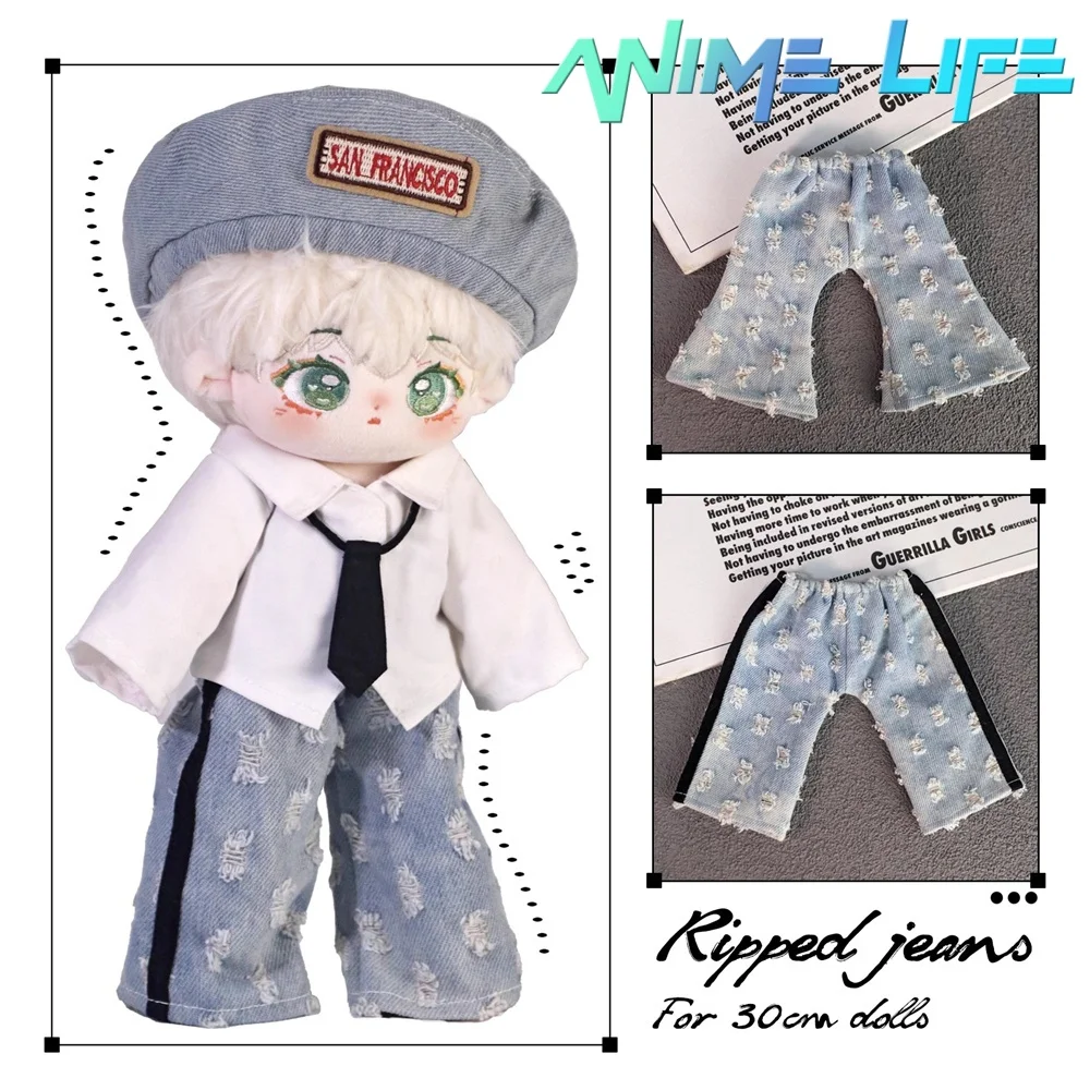 Original Ripped Jeans Handsome Cool Suit For 30cm Doll Toy Beret Clothes Straight Pants Flared Pants Cosplay D Kids Gift Cute