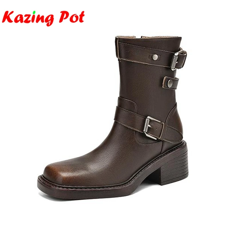 

Krazing Pot Cow Split Skin Thick High Heels Modern Western Boots Square Toe Metal Buckle Winter Autumn Vintage Women Ankle Boots