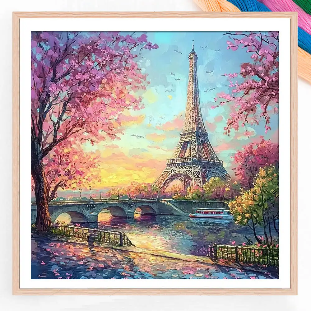 Landscape Cross Stitch Eiffel Tower New Arrivals 2025 Needlework Printed Canvas Flower Bridge Art Decorative Paintings Kit