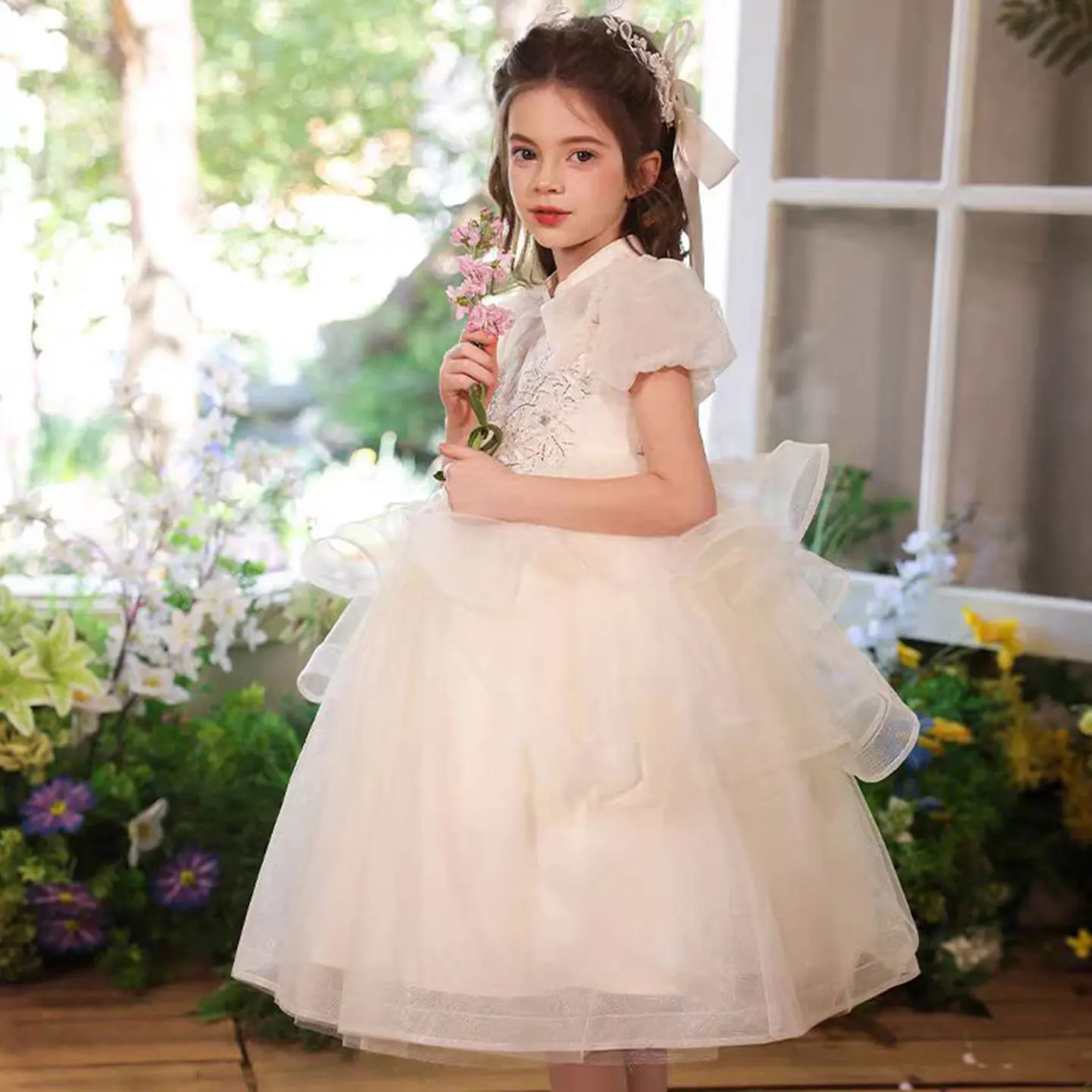 Jill Wish J528 elegante vestido de niña de flores de encaje Beige con cuentas hasta el té princesa niños boda fiesta de cumpleaños vacaciones vestido de graduación