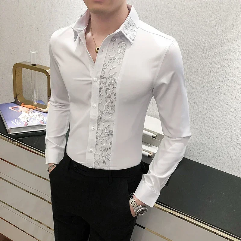 

Luxury Black White Sexy Lace Patchwork Shirt 2023 Fashion Men's Slim Fit Social Dress Nightclub Singer Party Casual Shirts 4XL-M