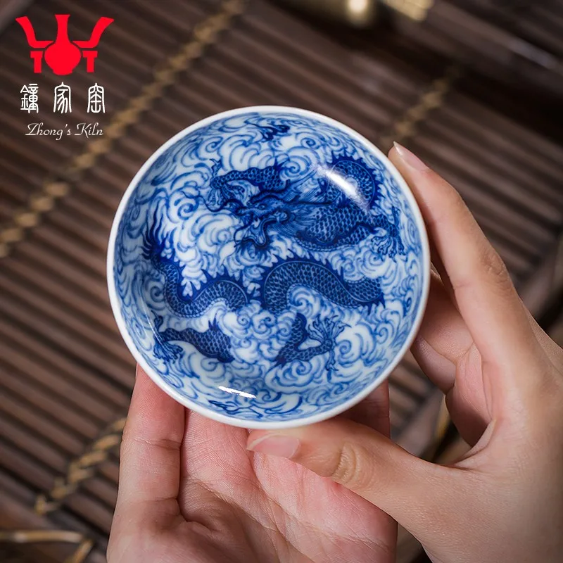 Zhongjia Kiln Ceramic Cup Jingdezhen Kombucha Master Cup Handmade Blue and White Cloud Dragon and Phoenix Personal Dedicated Tea