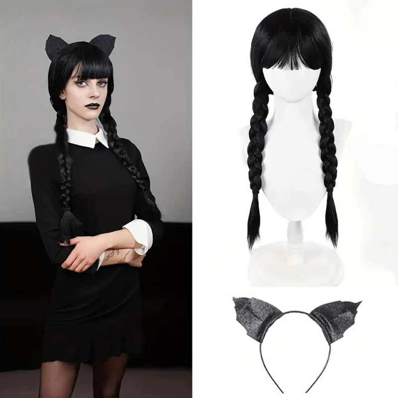 شعر مستعار الأربعاء ‌   طقم باروكة نسائية سوداء مع غرة وضفائر مزدوجة، عصابة رأس قوطية للهالوين، كوسبلاي، شعر صناعي