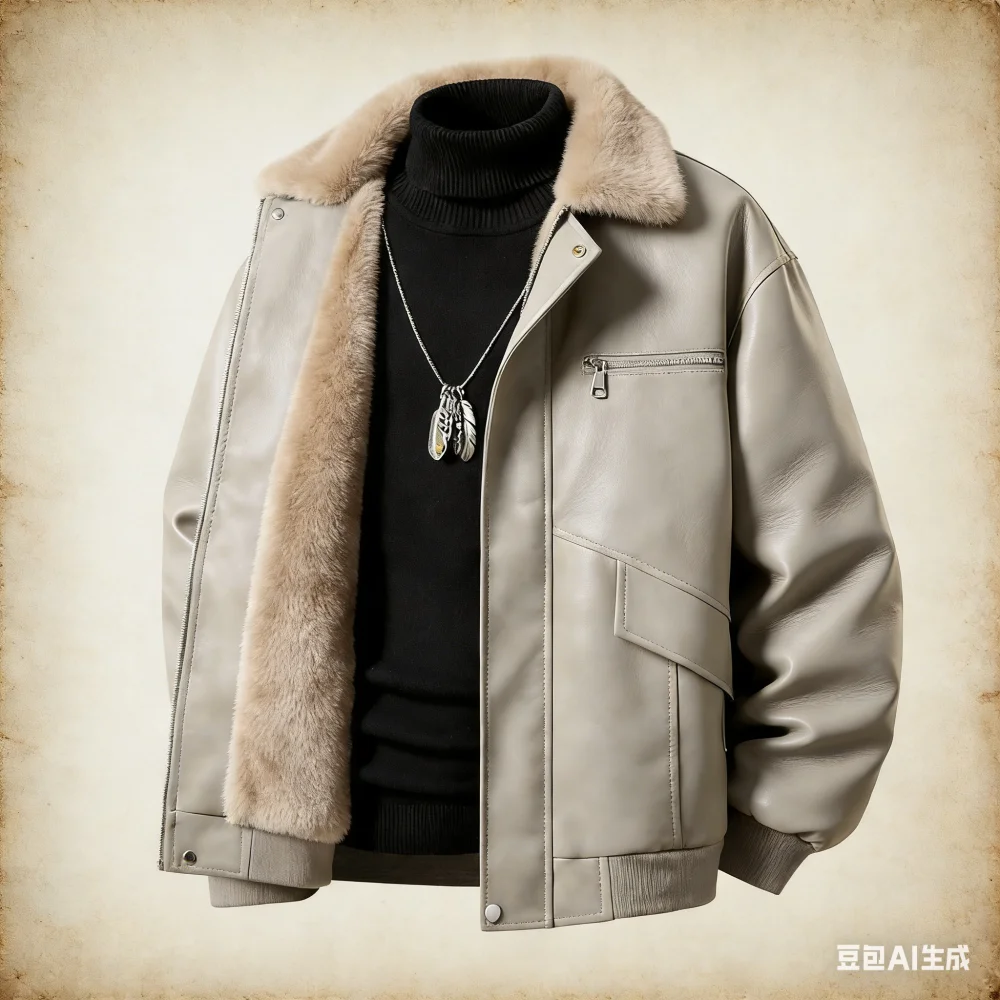 

2026 New Winter Leather Jacket with Padding and Thickening - Men's American Style Warmth-Friendly Windproof Collar - Loose Fit