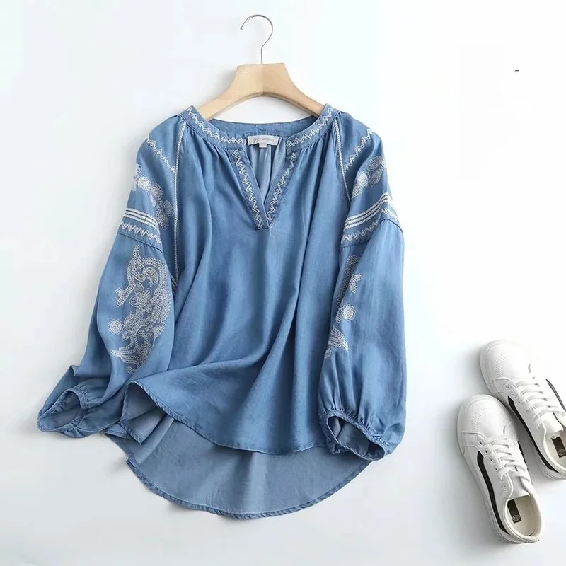 

2026 Ethnic spring embroidery denim shirt women cotton casual v neck soft blue denim tops and blouses blusas mujer