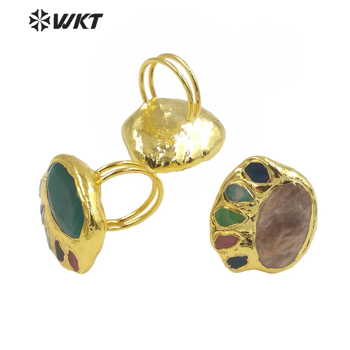 WT-R472 Wholesale Gorgeous Natural Sun Stone with Tiny Gemstone Open size Labradorite Stone Women Rings In 10PCS