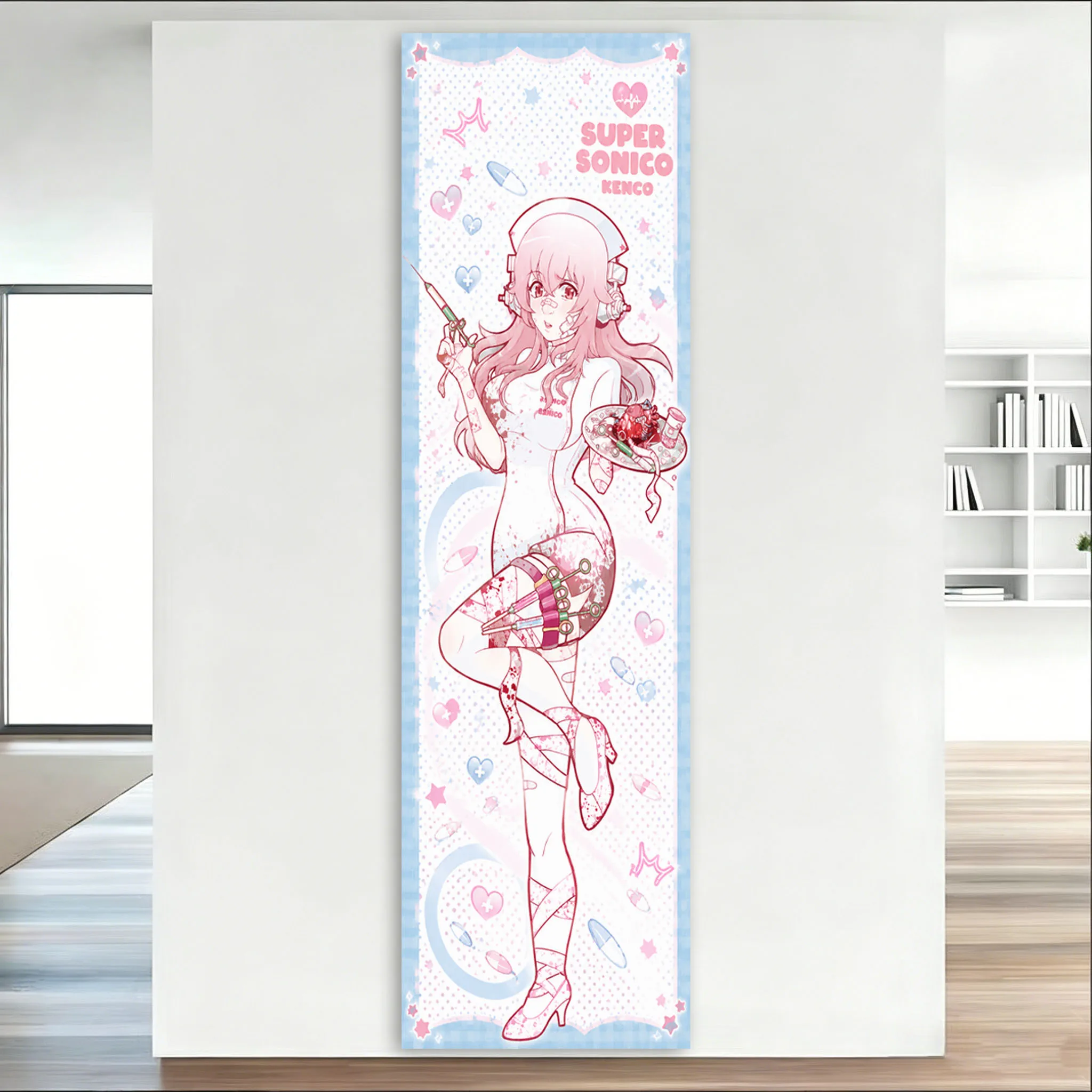 Super Sonico Anime Girl Long Tapestry Sweet Cake Pink Dress, Vertical Anime Wall Decoration for Otaku Bedroom House