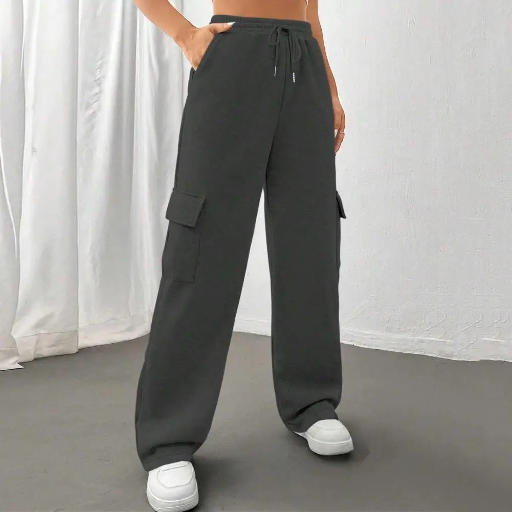 

Women Cargo Pants Elastic Waist Adjustable Drawstring Straight Wide Leg Loose Trousers Solid Color Sport Long Knitted Pants ﻿