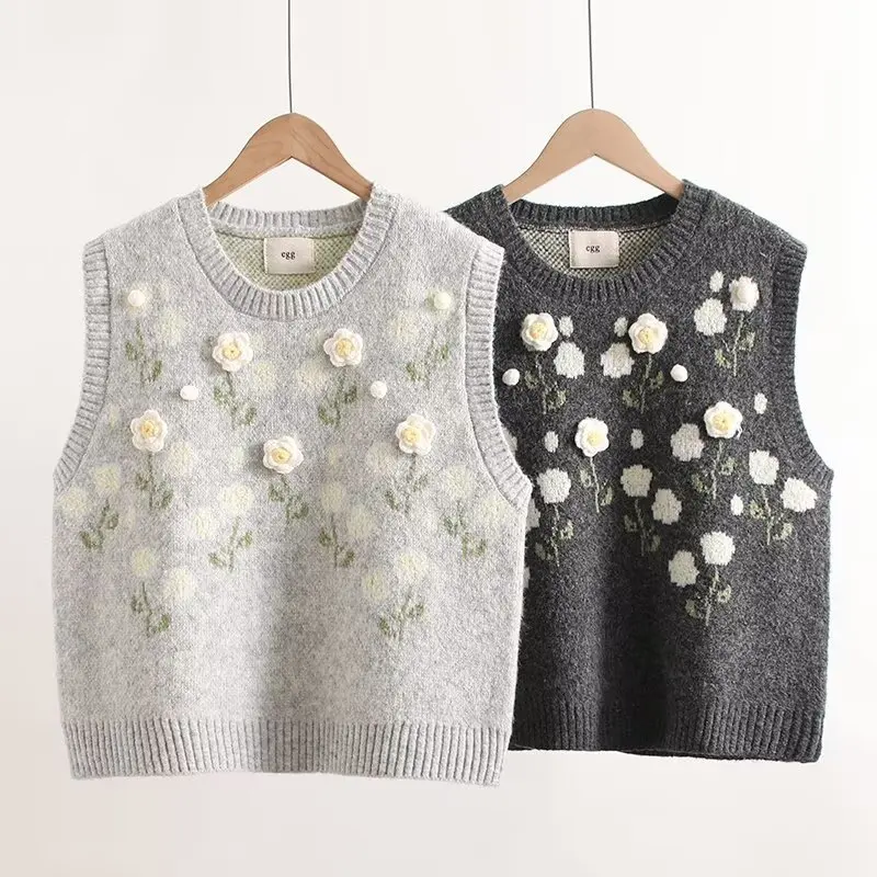 

Japanese Sweet Mori Girl 3D Flower Appliques Embroidery Knitted Sweater Vest Women Autumn O-Neck Sleeveless Knitwear Vest Tops
