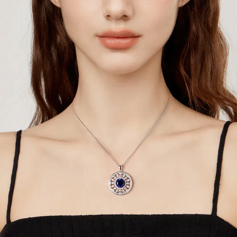 

100% Real 925 Sterling Silver Sapphire Pendant Necklace For Girls Round Cut 4Ct Gemstones Plated 18K Gold Chain Gra Certified