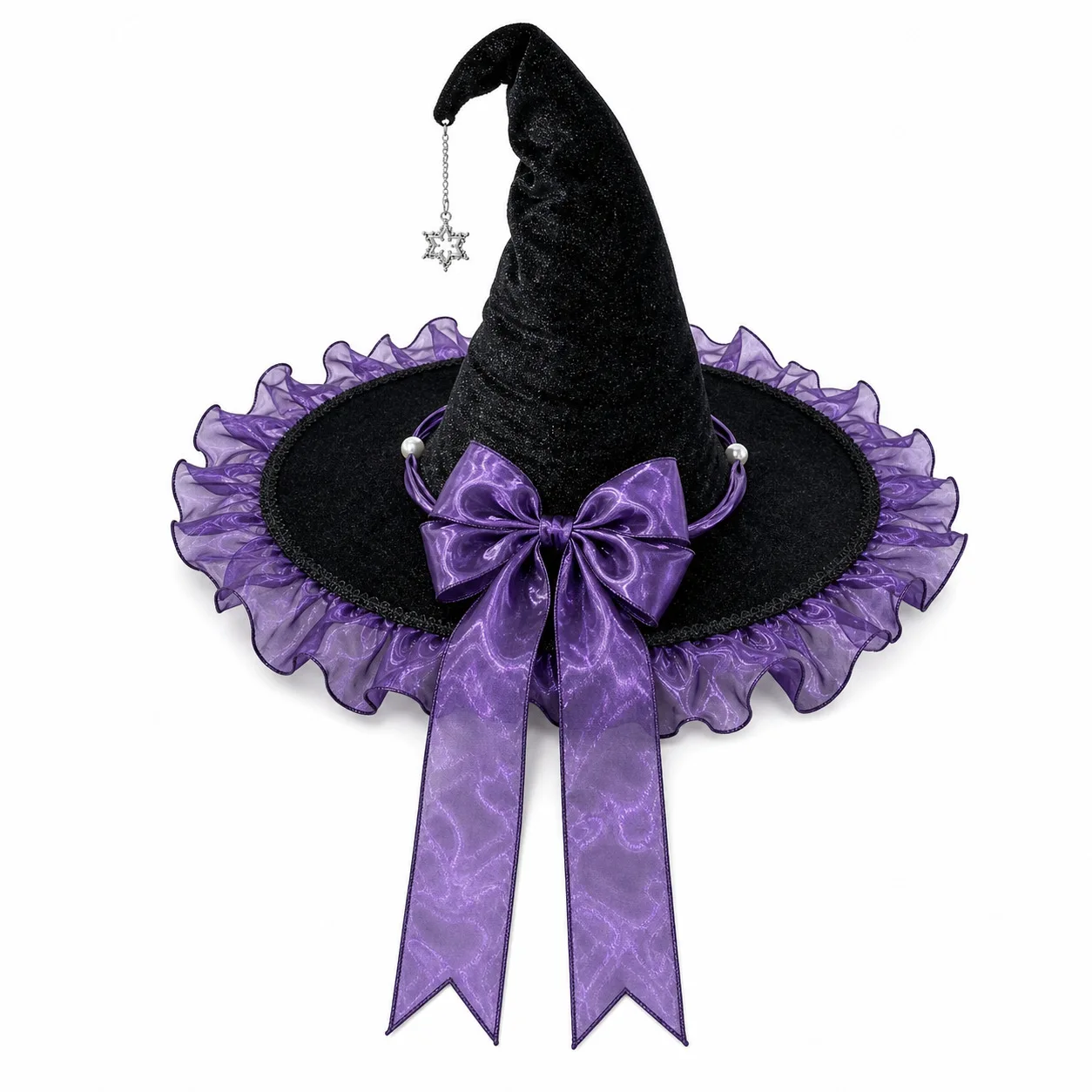 Black Witch Hat Lace Ruffle Wide Brim Bow Star Charm Halloween Costume Headwear for Women Cosplay Party Masquerade Dress Up