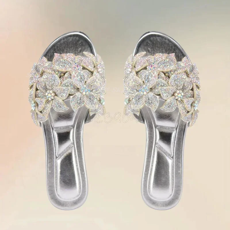 

Silver Crystal Flower Design Open Toe Slippers Slip On Women Shoes Low Top Fashion Party Feast Outdoors 2024 Zapatos Para Mujere