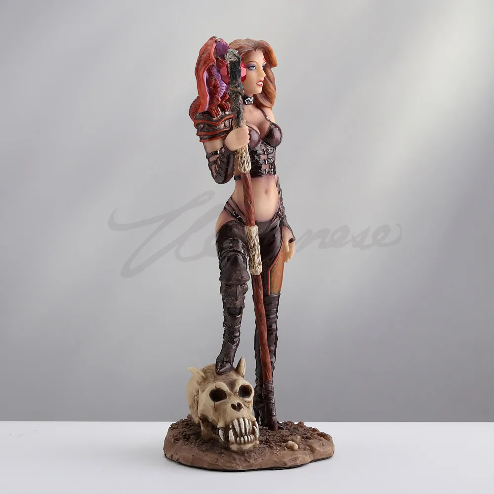 Fantasy Female Mage Sculpture Dark Sorceress Figure with Skull Base Hand Painted Resin Ornament for Desktop Decoration Gfit