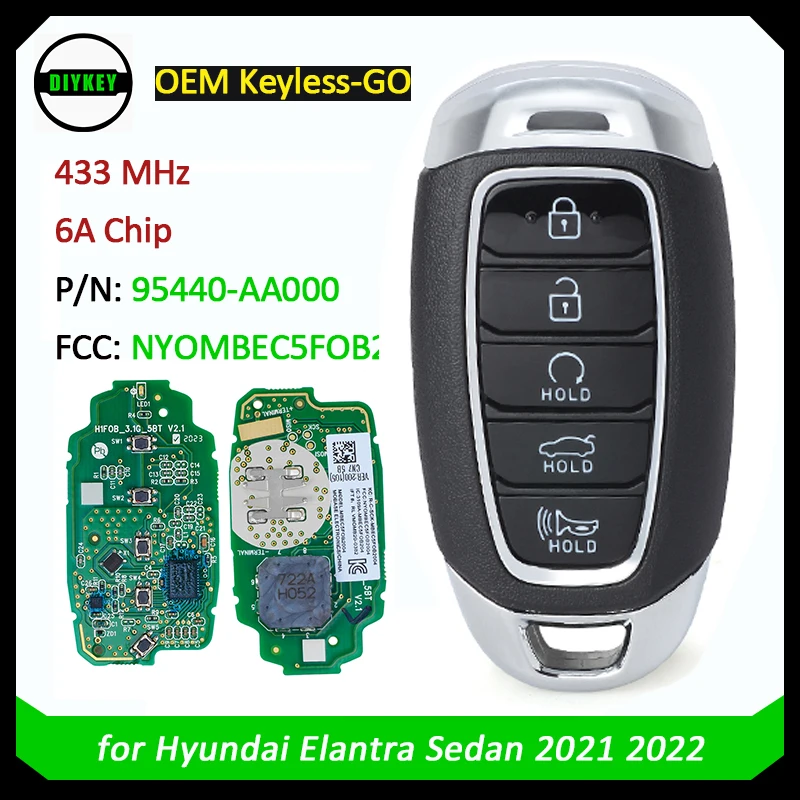 DIYKEY OEM P/N: 95440-AA000 For Hyundai Elantra 2021 2022 433MHz NYOMBEC5FOB2004 Original Keyless Smart Remote Key Fob 5 Button