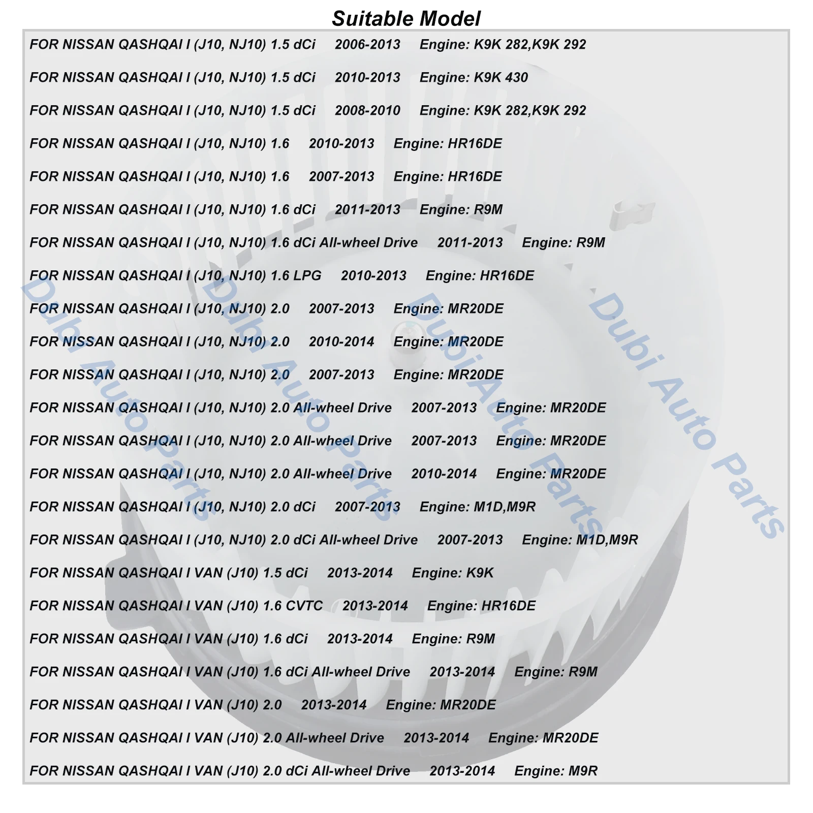مروحة محرك منفاخ لنيسان قاشقاي I (J10، NJ10) 1.5 dCi 2006-2013 1.6/2.0 2007-2013 VAN (J10) 1.5/1.6/2.0 2013-2014 27225EN000