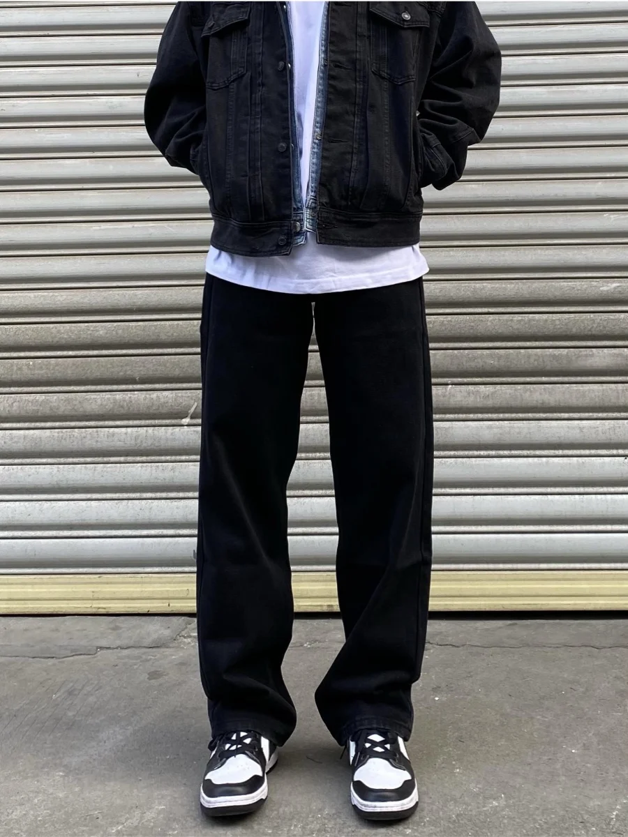 

American Retro Distressed Loose Straight Black Jeans Men Summer INS Wide Leg High Street Casual Long Pants Youth Wear