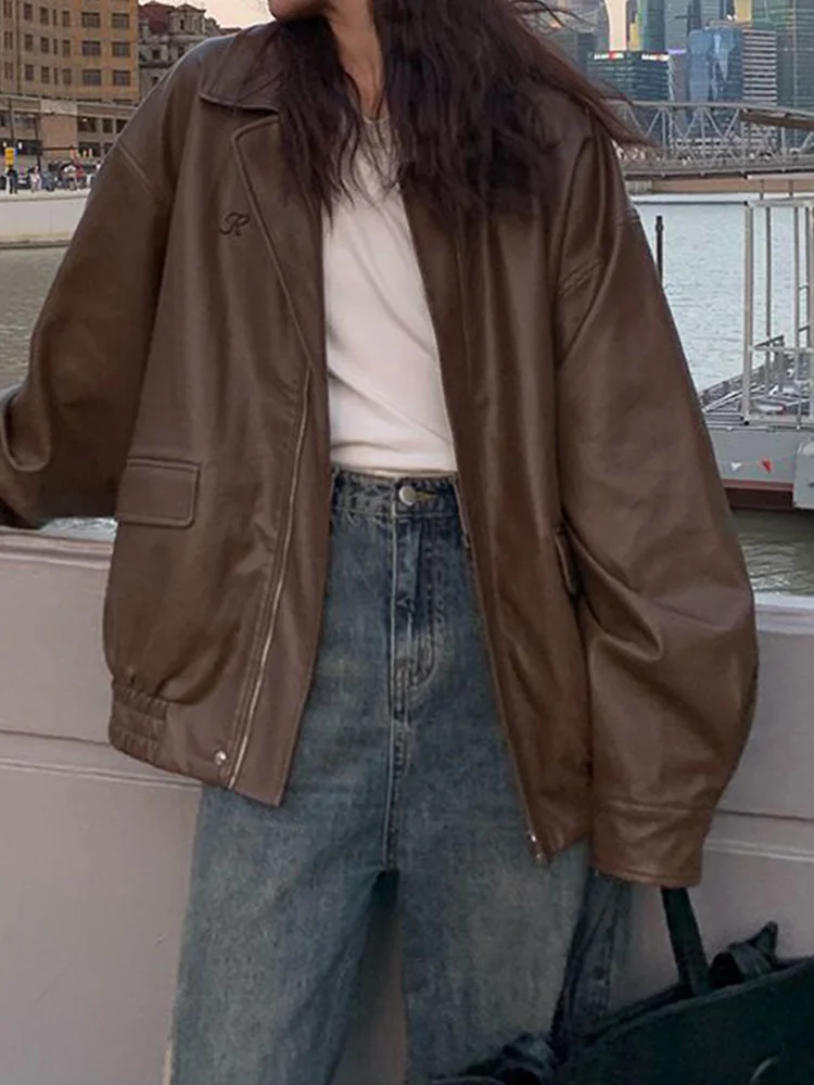 빈티지 PU 가죽 자켓 2025 새로운 여성 하이 스트리트 모토 바이커 코트 루즈 캐주얼 겉옷 커플 코트 여성 의류