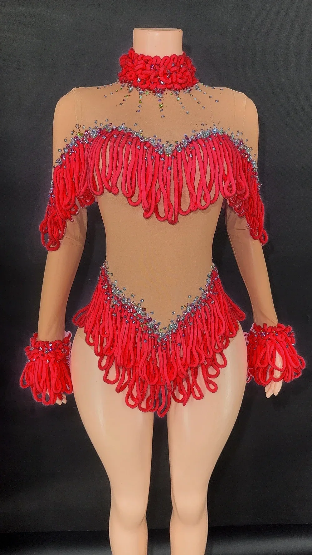 بدلة للجسم بشراشيب من حجر الراين اللامع للنساء، أكمام طويلة، شبكة مثيرة، شفافة، زي رقص الأداء، ملابس المسرح