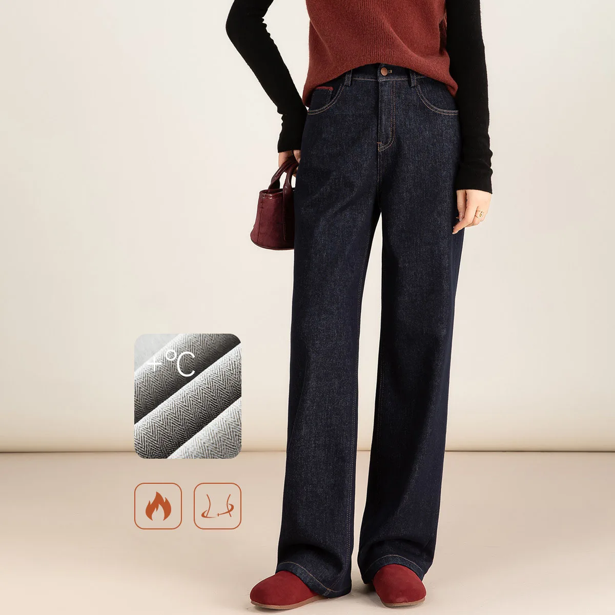 YJKDYK Retro High Waist Thick Wide Leg Blue Jeans Winter Warm Butt Lifting Hip Covering Slimming Women Floor-Length Trendy Pant