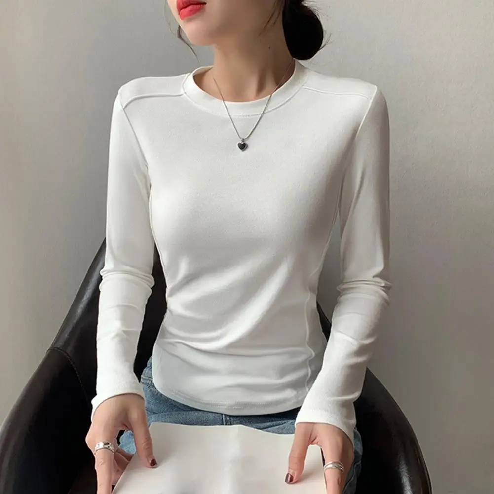 Viscose Long Sleeve Top Elastic Base Shirt Women’s Long Sleeve Base Shirt Soft Elastic Pullover Top Solid Color Round Neck